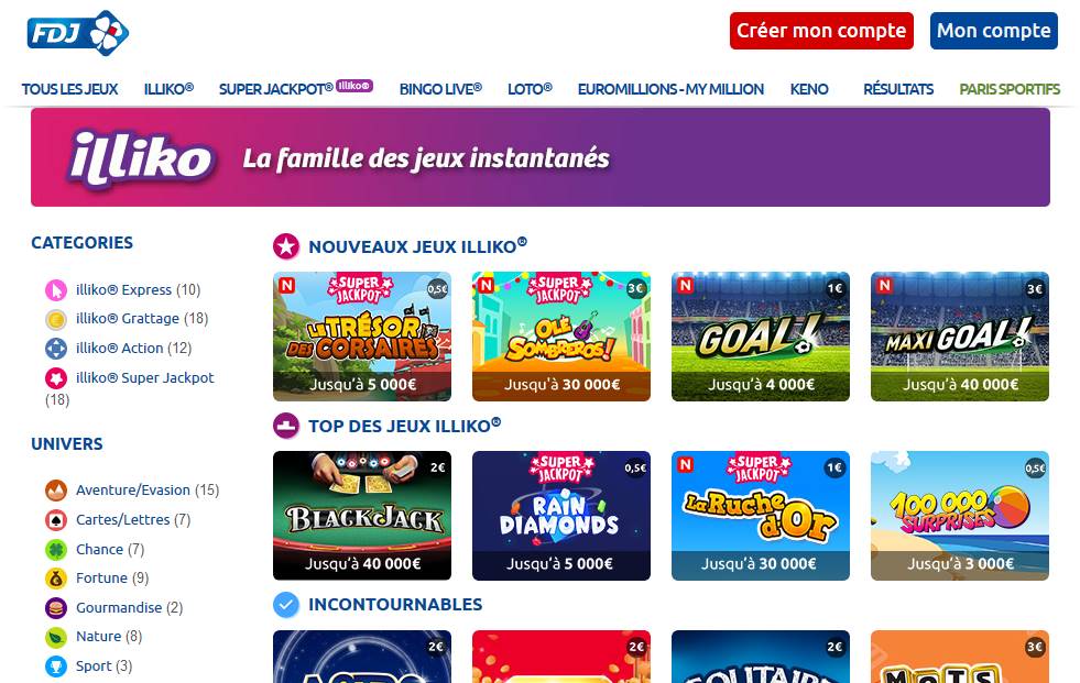 Page d'accueil du site fdj.fr, gamme illico